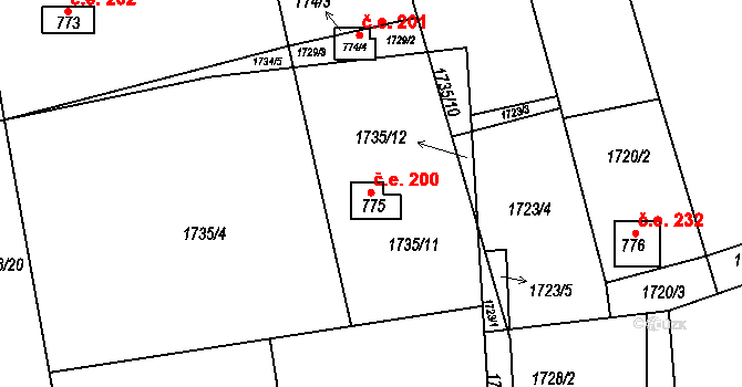 Chyňava 200 na parcele st. 775 v KÚ Chyňava, Katastrální mapa