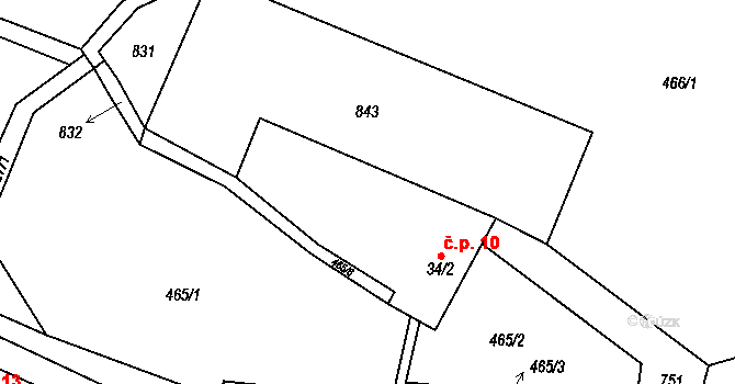 Malíkov 10 na parcele st. 34/2 v KÚ Malíkov, Katastrální mapa