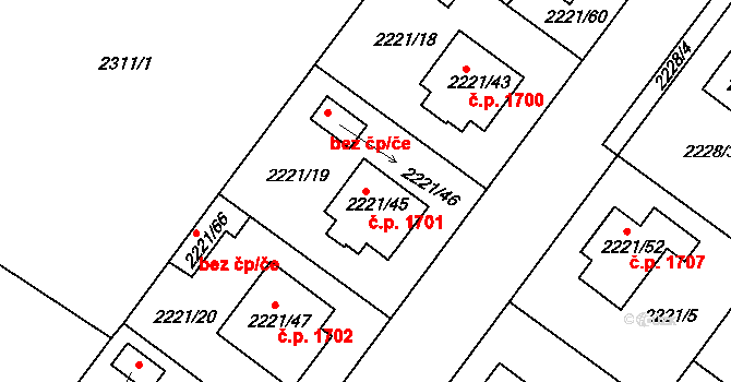 Roudnice nad Labem 1701 na parcele st. 2221/45 v KÚ Roudnice nad Labem, Katastrální mapa