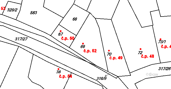 Hronětice 52, Kostomlaty nad Labem na parcele st. 69 v KÚ Hronětice, Katastrální mapa