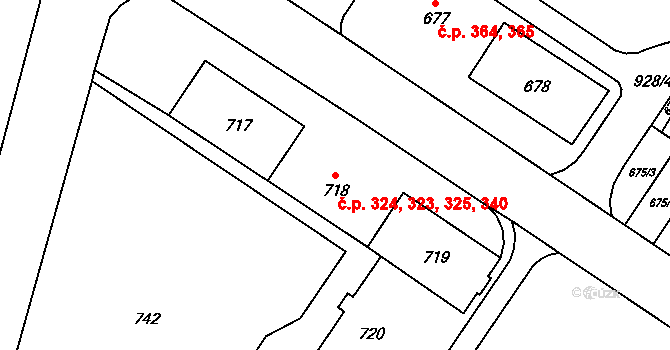 Milovice 323,324,325,340 na parcele st. 718 v KÚ Milovice nad Labem, Katastrální mapa