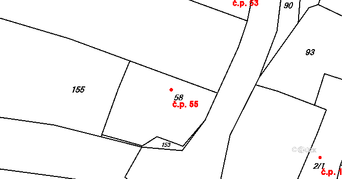Mastník 55 na parcele st. 58 v KÚ Mastník, Katastrální mapa
