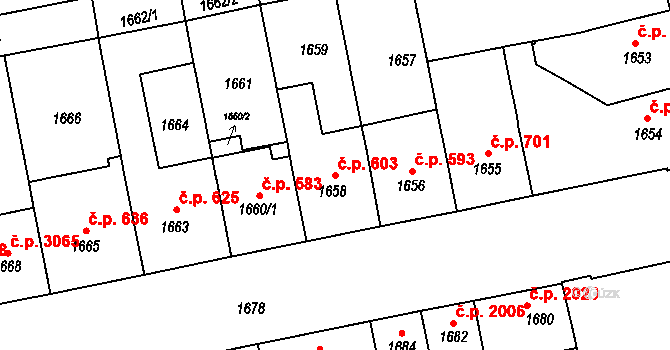Královo Pole 603, Brno na parcele st. 1658 v KÚ Královo Pole, Katastrální mapa