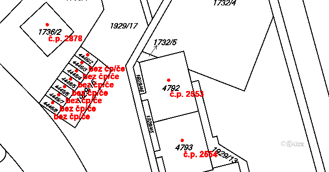 Teplice 2553 na parcele st. 4792 v KÚ Teplice, Katastrální mapa