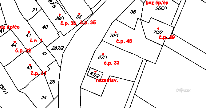 Rozvadovice 33, Litovel na parcele st. 67/1 v KÚ Rozvadovice, Katastrální mapa