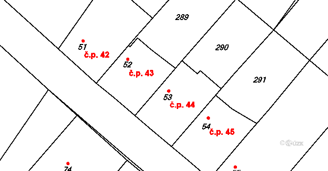 Mlékovice 44, Toušice na parcele st. 53 v KÚ Mlékovice, Katastrální mapa