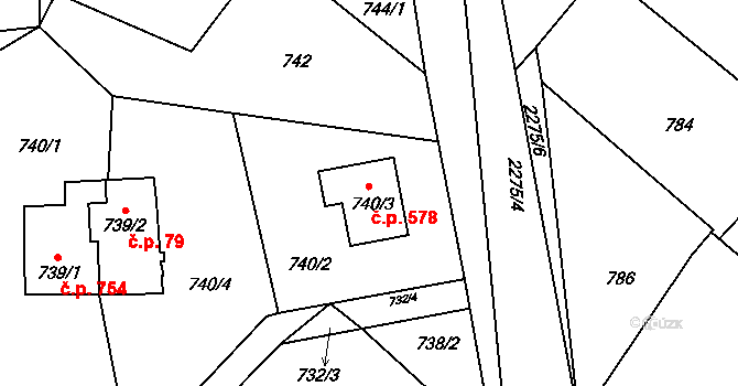 Suchdol nad Lužnicí 578 na parcele st. 740/3 v KÚ Suchdol nad Lužnicí, Katastrální mapa