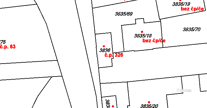 Modřany 326, Praha na parcele st. 3836 v KÚ Modřany, Katastrální mapa
