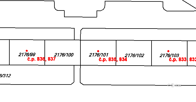 Skvrňany 834,835, Plzeň na parcele st. 2176/101 v KÚ Skvrňany, Katastrální mapa