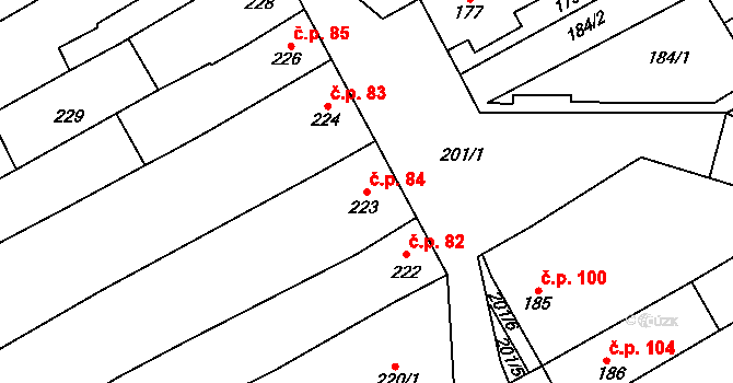 Malhostovice 84 na parcele st. 223 v KÚ Malhostovice, Katastrální mapa