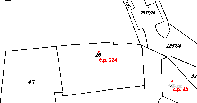 Střed 224, Rokycany na parcele st. 26 v KÚ Rokycany, Katastrální mapa