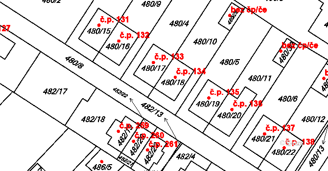 Rebešovice 134 na parcele st. 480/18 v KÚ Rebešovice, Katastrální mapa