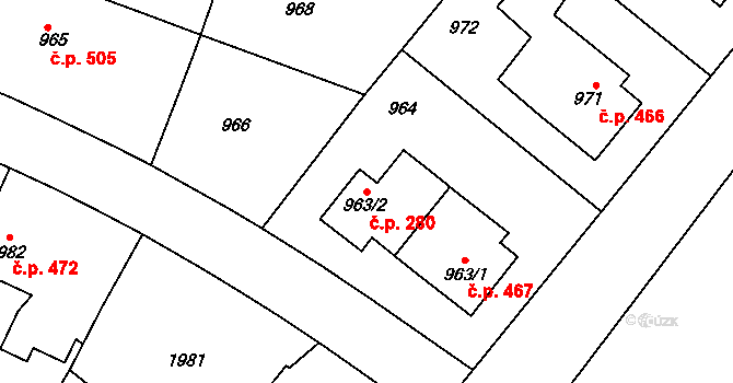 Bystřice nad Pernštejnem 280 na parcele st. 963/2 v KÚ Bystřice nad Pernštejnem, Katastrální mapa