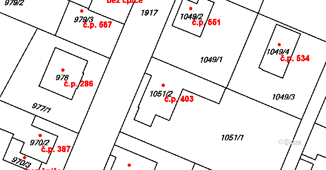 Petřkovice 403, Ostrava na parcele st. 1051/2 v KÚ Petřkovice u Ostravy, Katastrální mapa
