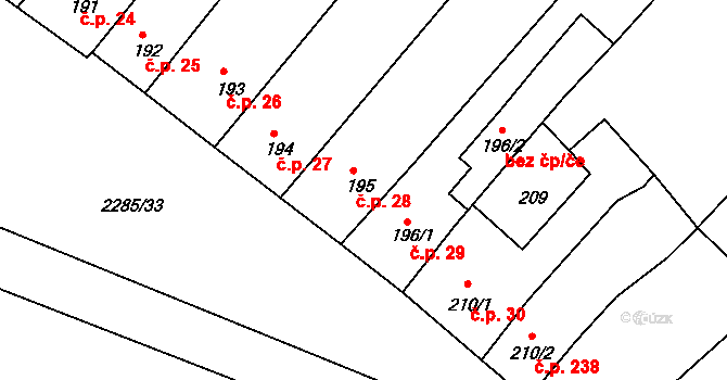 Křižanov 28 na parcele st. 195 v KÚ Křižanov, Katastrální mapa