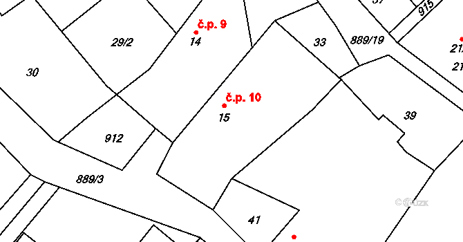 Milešín 10 na parcele st. 15 v KÚ Milešín, Katastrální mapa