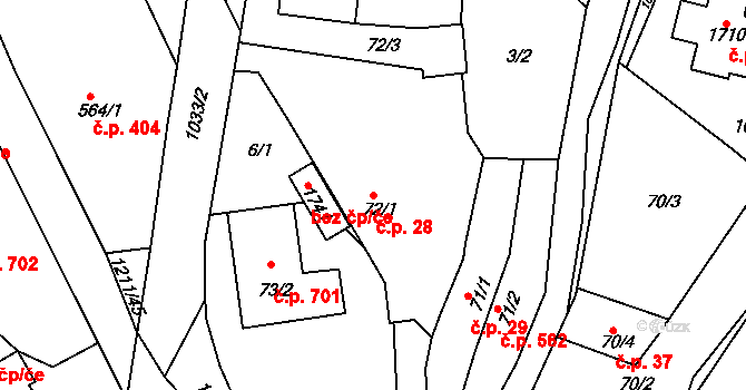 Luhačovice 28 na parcele st. 72/1 v KÚ Luhačovice, Katastrální mapa