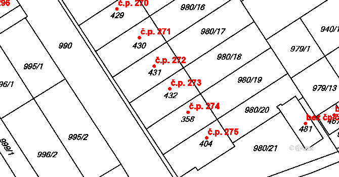Hostěrádky-Rešov 273 na parcele st. 432 v KÚ Hostěrádky, Katastrální mapa