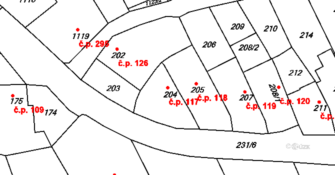 Buchlovice 117 na parcele st. 204 v KÚ Buchlovice, Katastrální mapa