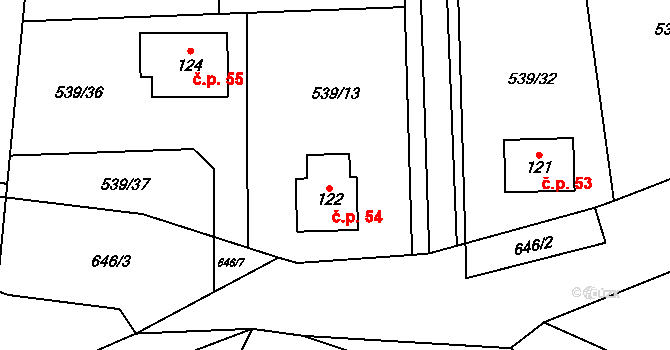 Lážovice 54 na parcele st. 122 v KÚ Lážovice, Katastrální mapa