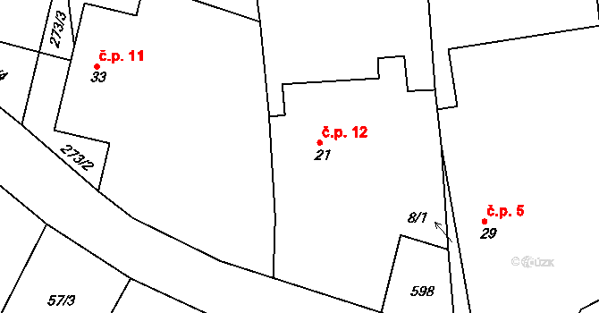 Křižanovice 12 na parcele st. 21 v KÚ Křižanovice, Katastrální mapa