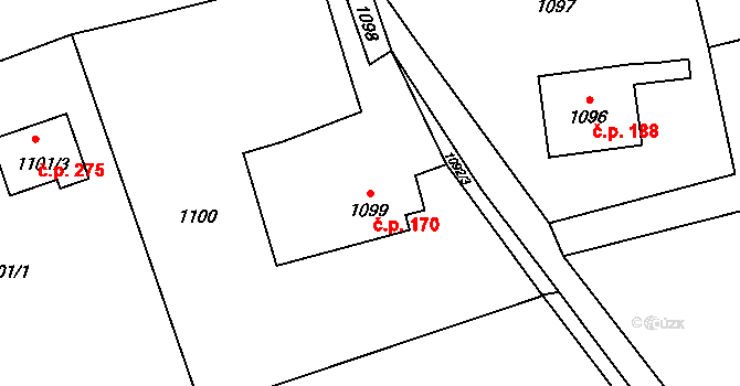 Horní Žukov 170, Český Těšín na parcele st. 1099 v KÚ Horní Žukov, Katastrální mapa