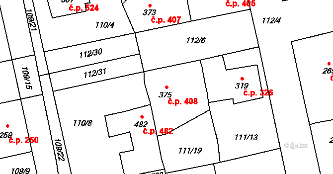 Rudná 408 na parcele st. 375 v KÚ Dušníky u Rudné, Katastrální mapa