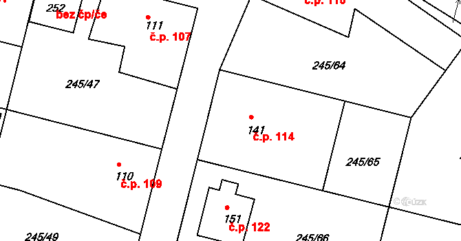 Valy 114 na parcele st. 141 v KÚ Valy nad Labem, Katastrální mapa