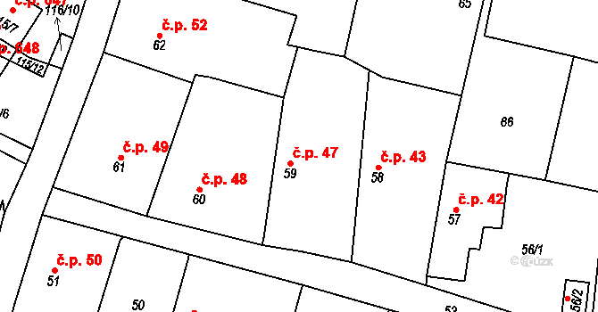 Zruč 47, Zruč-Senec na parcele st. 59 v KÚ Zruč, Katastrální mapa