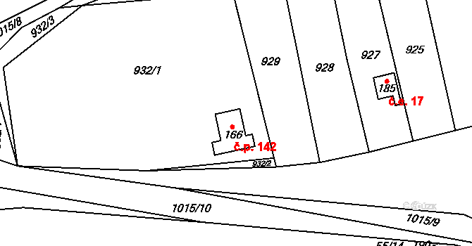 Hřivčice 142, Peruc na parcele st. 166 v KÚ Hřivčice, Katastrální mapa