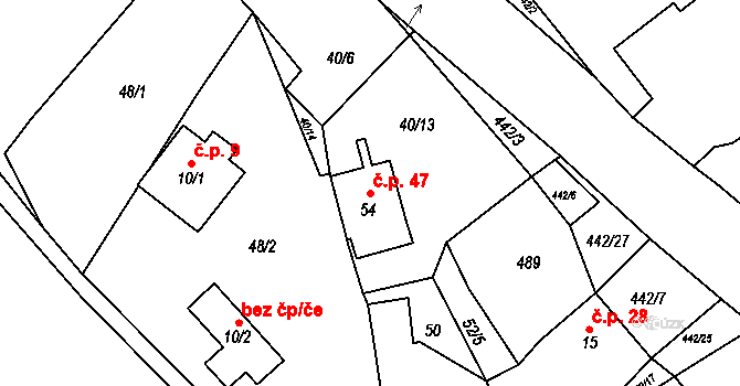 Kovářov 47, Bouzov na parcele st. 54 v KÚ Kovářov u Bouzova, Katastrální mapa