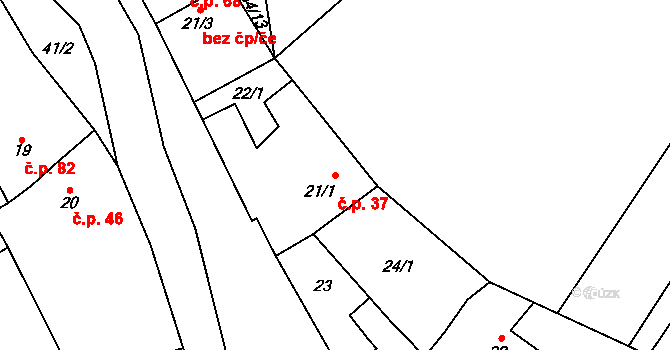 Střelice 37 na parcele st. 21/1 v KÚ Střelice u Jevišovic, Katastrální mapa