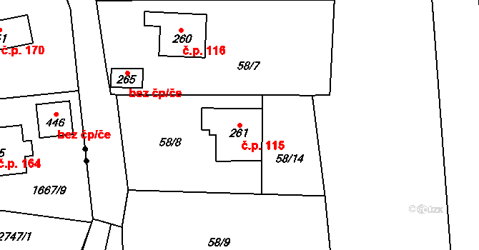 Tři Sekery 115 na parcele st. 261 v KÚ Tři Sekery u Kynžvartu, Katastrální mapa
