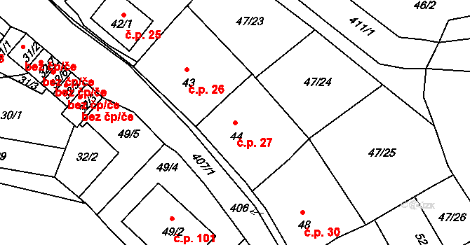 Všeborovice 27, Dalovice na parcele st. 44 v KÚ Všeborovice, Katastrální mapa