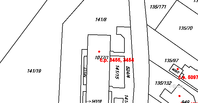 Jihlava 3454,3455 na parcele st. 1077/1 v KÚ Bedřichov u Jihlavy, Katastrální mapa