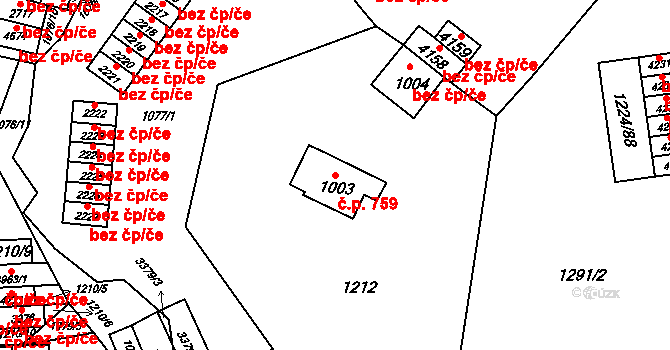 Rožnov pod Radhoštěm 759 na parcele st. 1003 v KÚ Rožnov pod Radhoštěm, Katastrální mapa