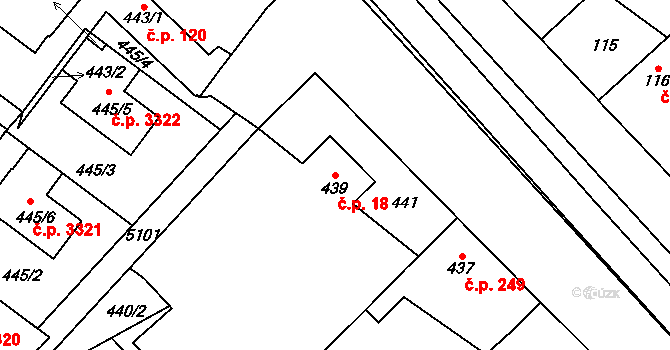 Milovice 18 na parcele st. 439 v KÚ Milovice nad Labem, Katastrální mapa
