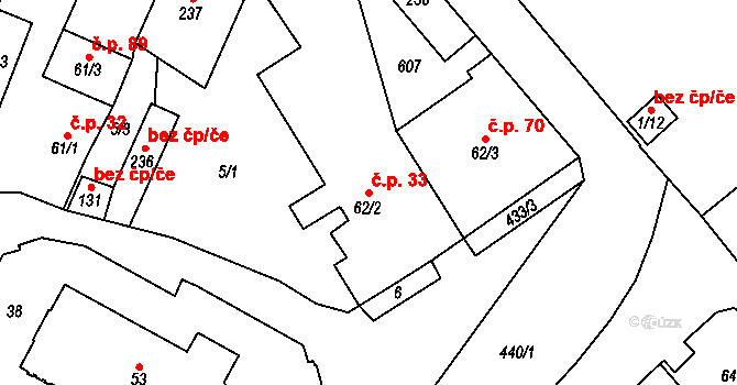 Křemýž 33, Ohníč na parcele st. 62/2 v KÚ Křemýž, Katastrální mapa