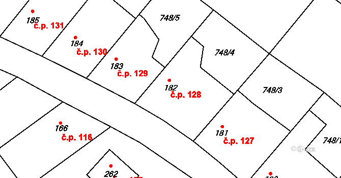 Milostín 128 na parcele st. 182 v KÚ Milostín, Katastrální mapa