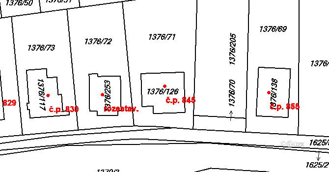 Řeporyje 845, Praha na parcele st. 1376/126 v KÚ Řeporyje, Katastrální mapa