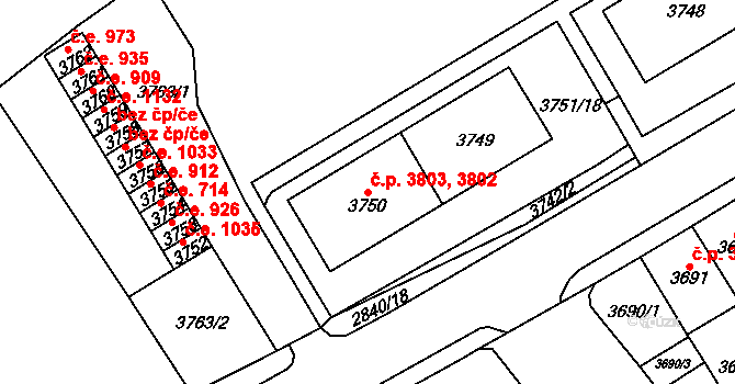 Chomutov 3802,3803 na parcele st. 3750 v KÚ Chomutov I, Katastrální mapa