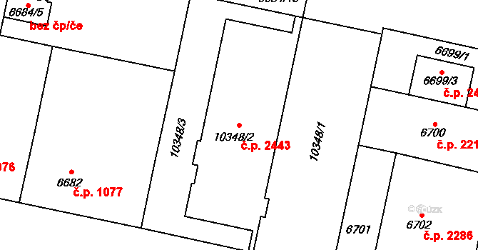 Jižní Předměstí 2443, Plzeň na parcele st. 10348/2 v KÚ Plzeň, Katastrální mapa