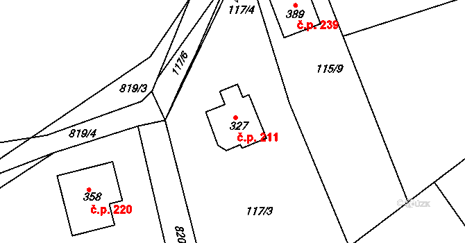 Mniší 211, Kopřivnice na parcele st. 327 v KÚ Mniší, Katastrální mapa