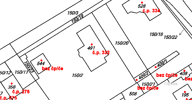 Vědomice 332 na parcele st. 491 v KÚ Vědomice, Katastrální mapa