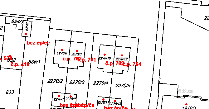 Bohunice 762, Brno na parcele st. 2270/10 v KÚ Bohunice, Katastrální mapa