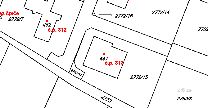 Hluboké Mašůvky 313 na parcele st. 447 v KÚ Hluboké Mašůvky, Katastrální mapa