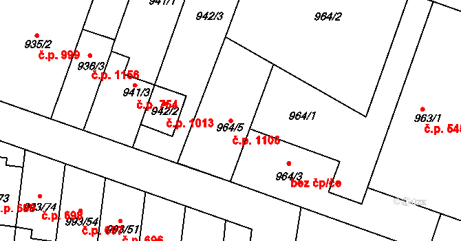 Modřice 1106 na parcele st. 964/5 v KÚ Modřice, Katastrální mapa