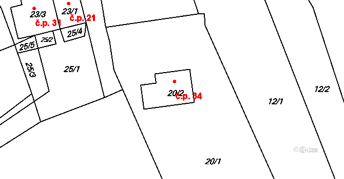Sasov 34, Jihlava na parcele st. 20/2 v KÚ Sasov, Katastrální mapa