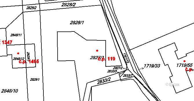 Horní Suchá 119 na parcele st. 2827/1 v KÚ Horní Suchá, Katastrální mapa