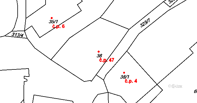 Miskolezy 47, Chvalkovice na parcele st. 36 v KÚ Miskolezy, Katastrální mapa